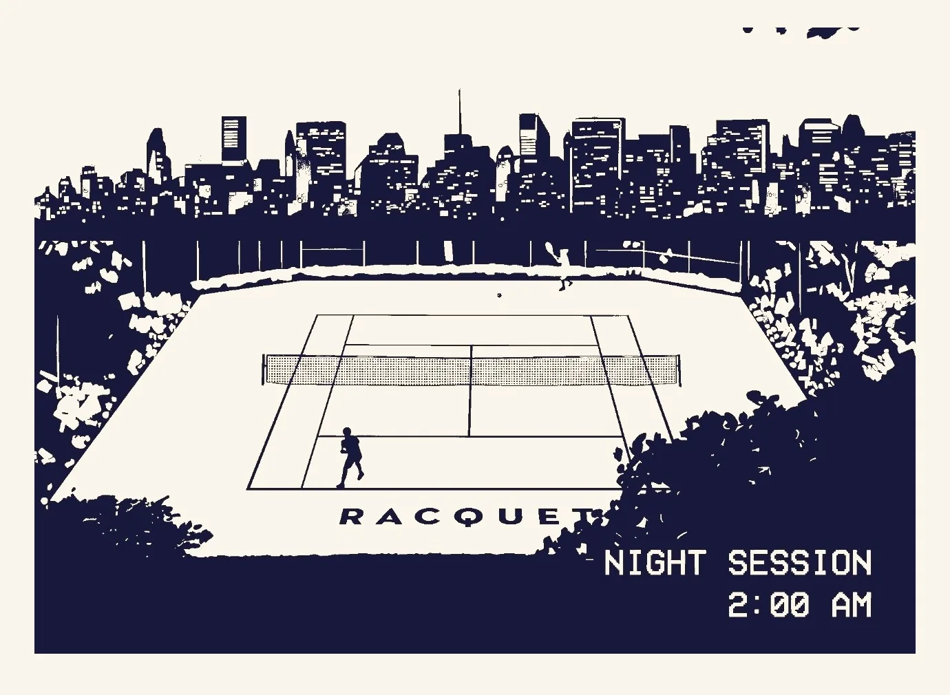 Illustration of the Racquet court at the Seaport at 2:00 AM, with the Manhattan skyline behind it
